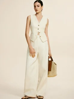 Clearance Tweed Sleeveless Baggy Pants Set Pants Sets|Wide Leg
