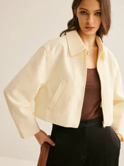 Best Tweed Zipper Polo Jacket Outerwear|Tops