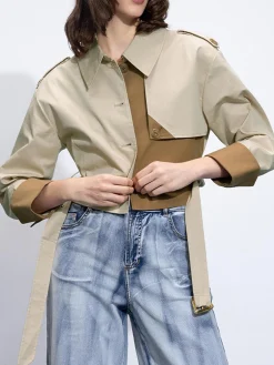 Clearance Two Tone Buckle Belted Trench Coat Outerwear|Coats
