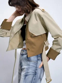 Clearance Two Tone Buckle Belted Trench Coat Outerwear|Coats