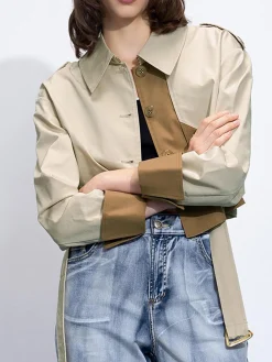 Clearance Two Tone Buckle Belted Trench Coat Outerwear|Coats