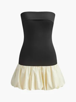 Best Two Tone Bud Waist Tube Dress Black Dresses|Casual Dresses