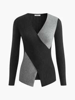 Sale Two Tone Criss Cross Slim Knit Top Sweater Tops|Sweaters & Cardigans