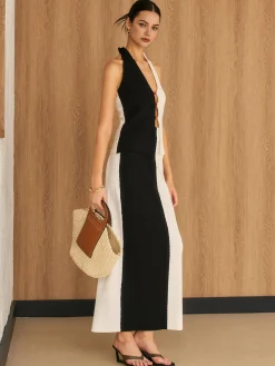 Online Two Tone Halter Knit Skirt Set Skirt Sets|Long Sleeve Sets