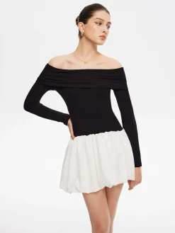 Sale Two Tone Off Shoulder Bubble Short Dress White Dresses|Casual Dresses
