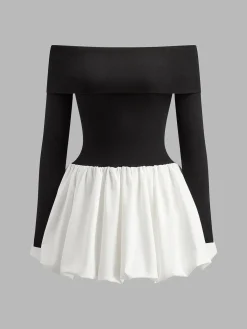 Sale Two Tone Off Shoulder Bubble Short Dress White Dresses|Casual Dresses