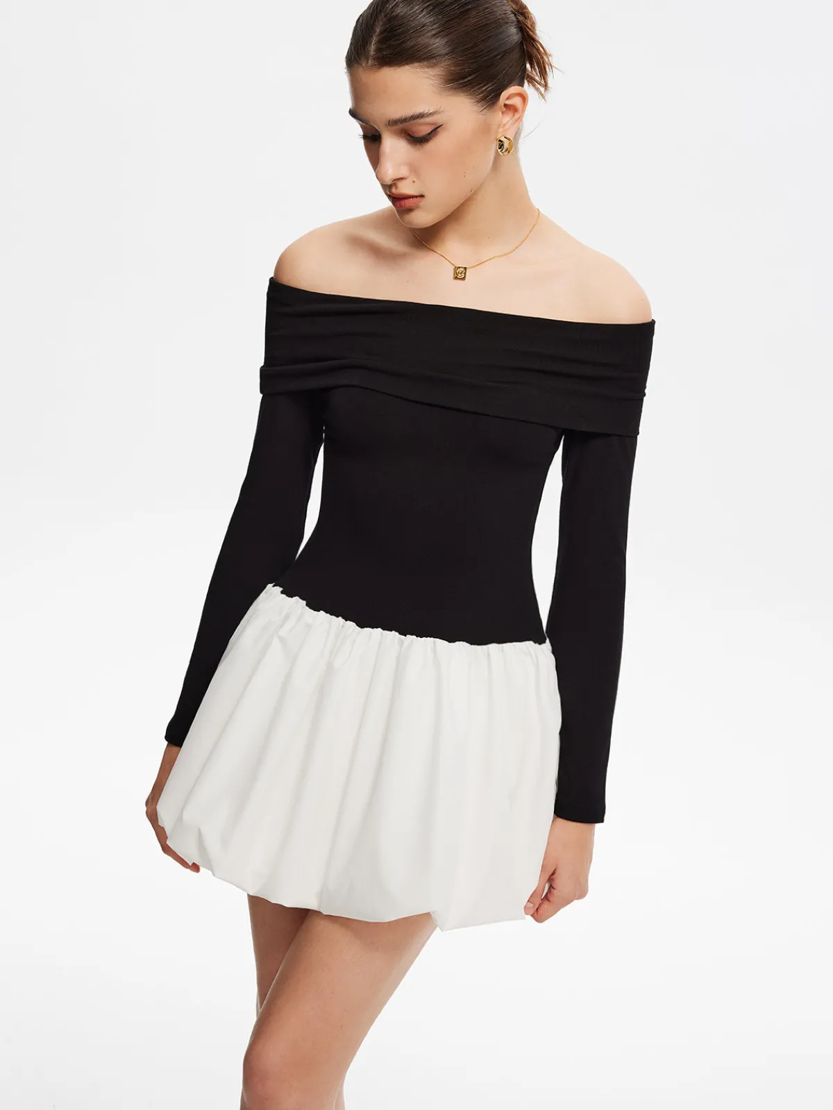 Sale Two Tone Off Shoulder Bubble Short Dress White Dresses|Casual Dresses