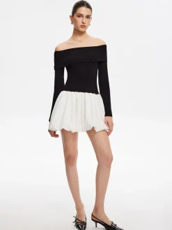 Sale Two Tone Off Shoulder Bubble Short Dress White Dresses|Casual Dresses