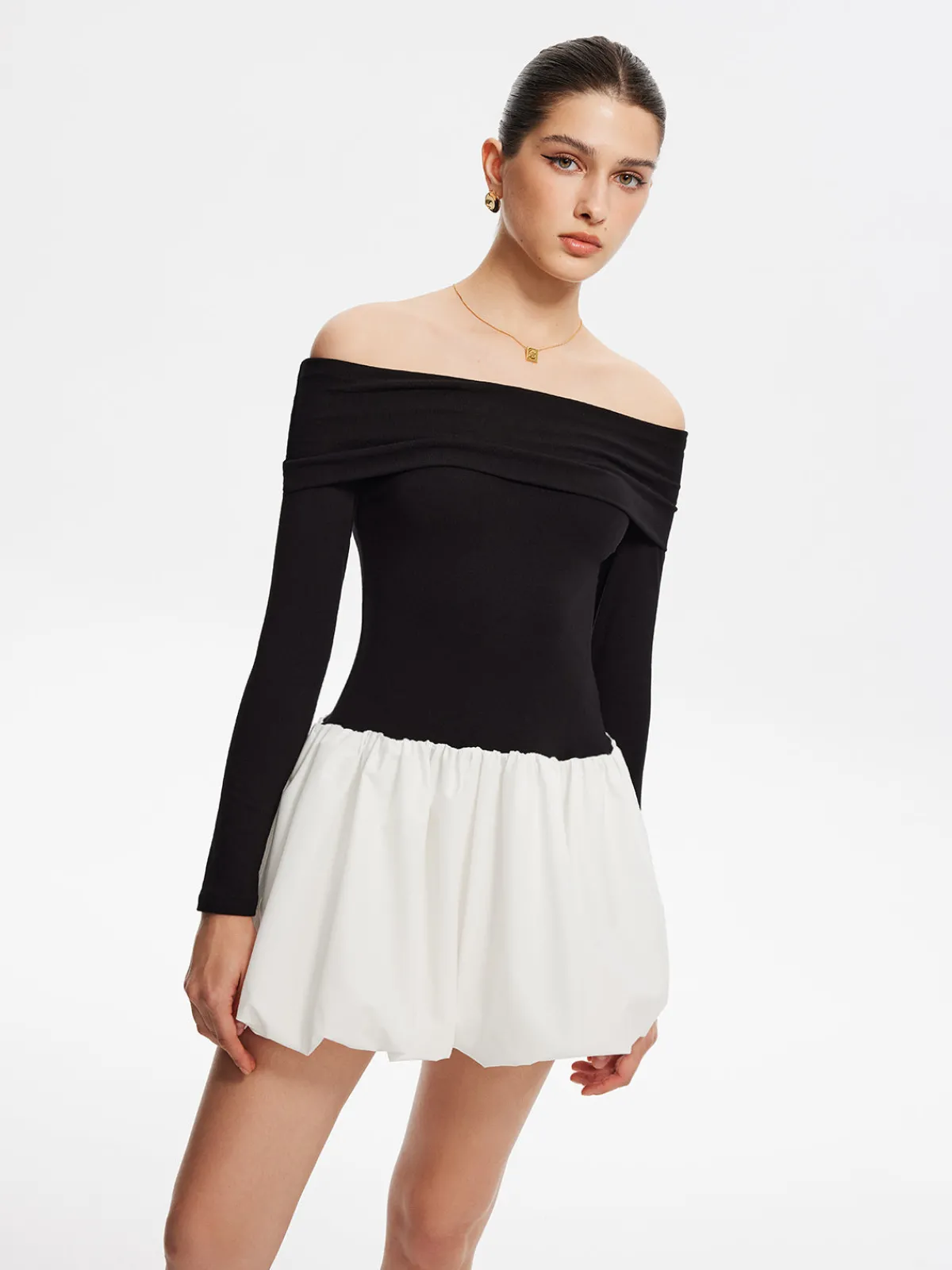 Sale Two Tone Off Shoulder Bubble Short Dress White Dresses|Casual Dresses