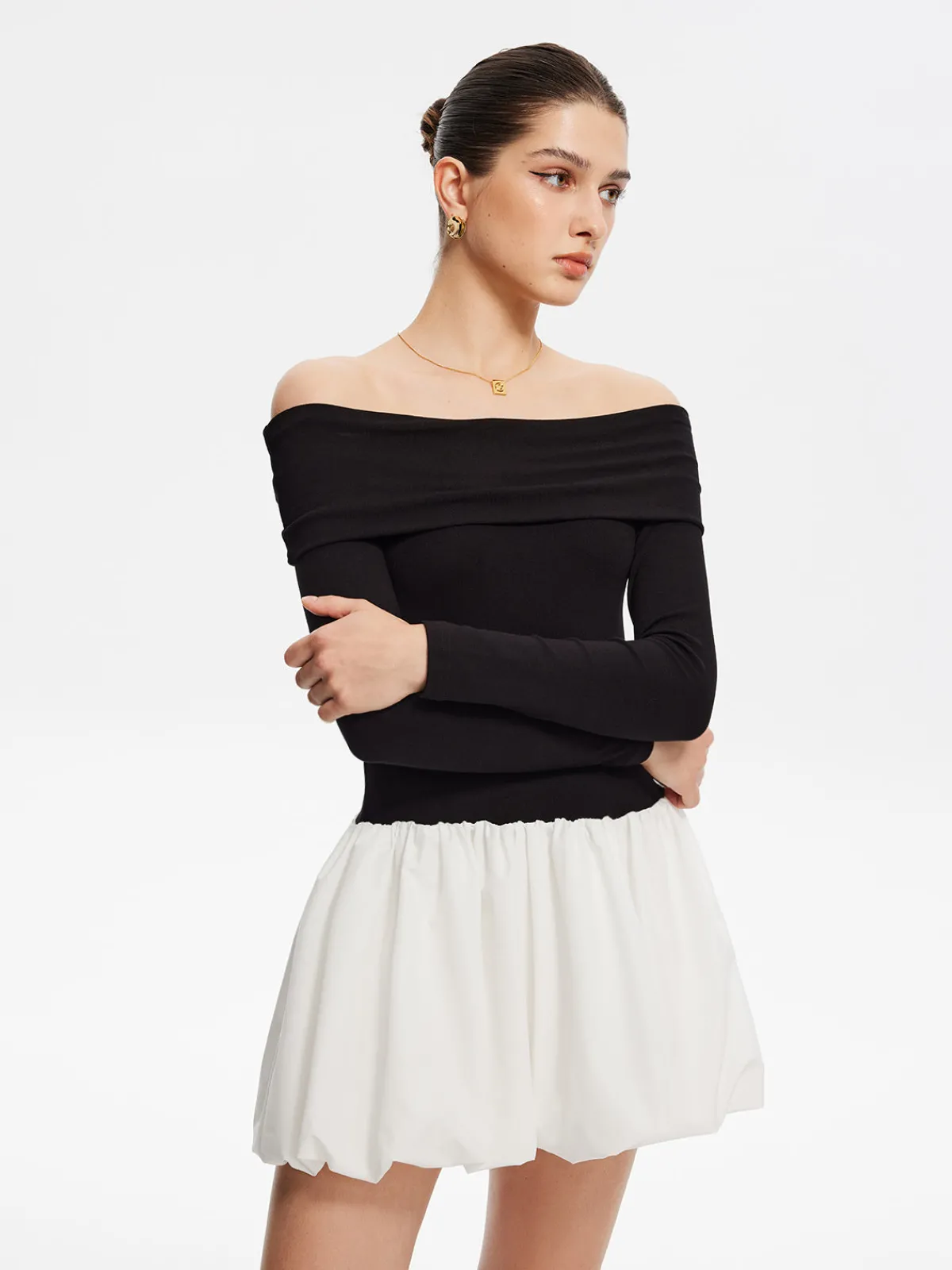 Sale Two Tone Off Shoulder Bubble Short Dress White Dresses|Casual Dresses