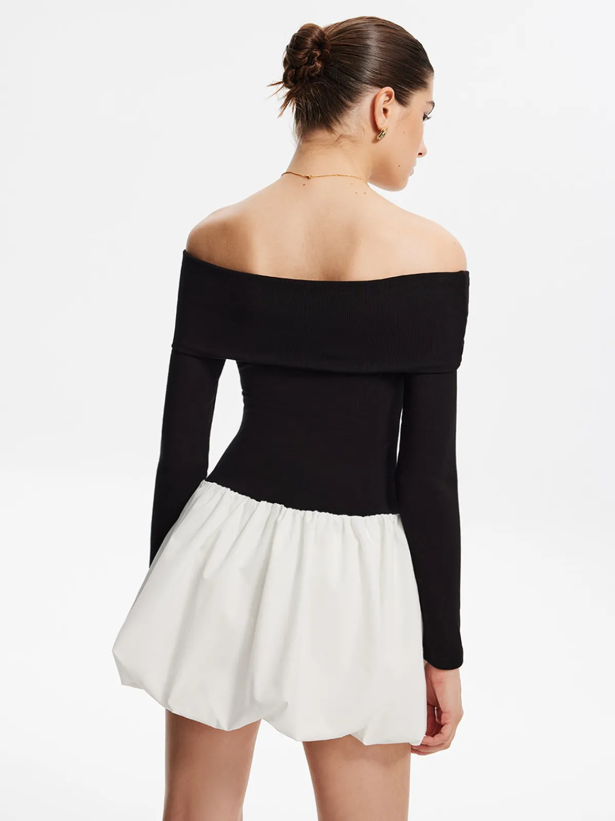 Sale Two Tone Off Shoulder Bubble Short Dress White Dresses|Casual Dresses