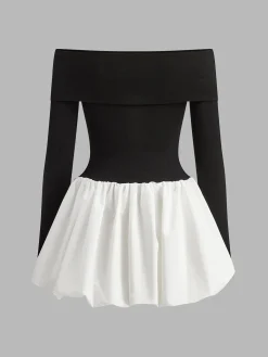 Sale Two Tone Off Shoulder Bubble Short Dress White Dresses|Casual Dresses