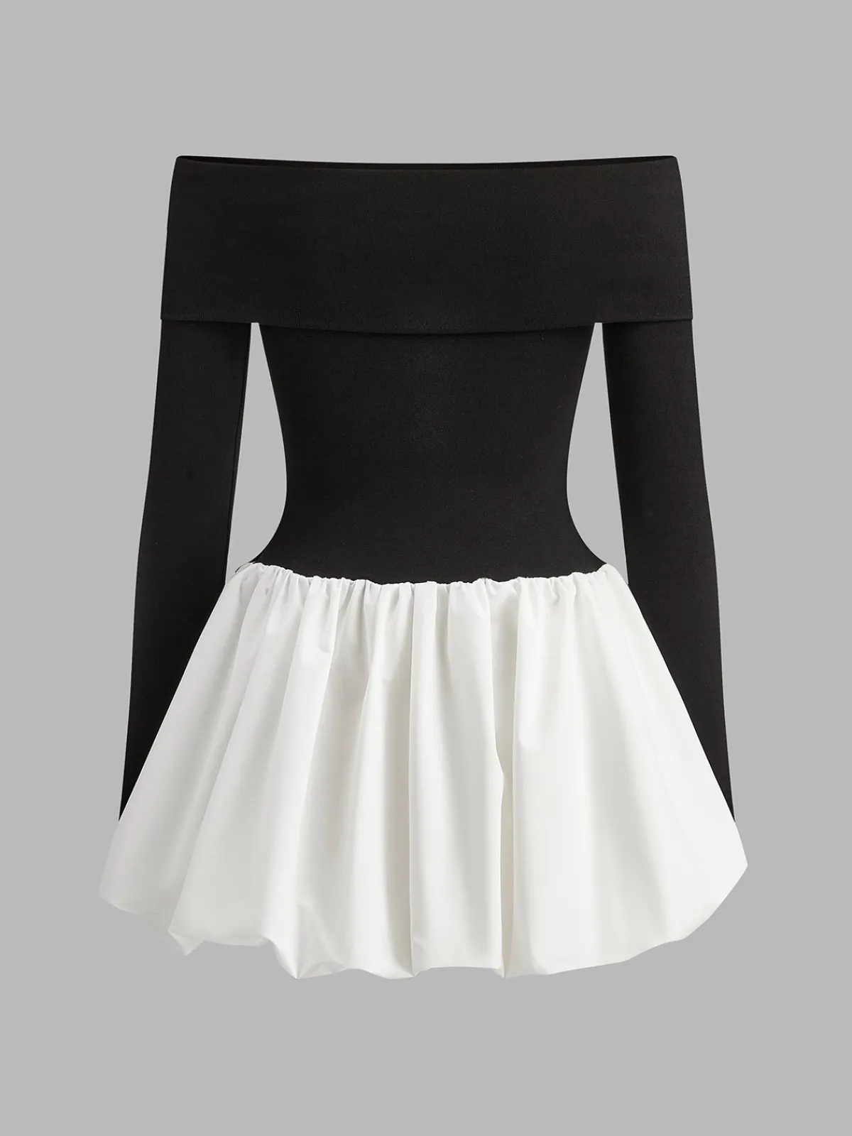 Sale Two Tone Off Shoulder Bubble Short Dress White Dresses|Casual Dresses