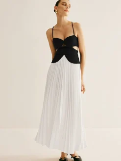 Outlet Two Tone Panel Cutout Pleated Dress White Dresses|Casual Dresses
