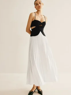 Outlet Two Tone Panel Cutout Pleated Dress White Dresses|Casual Dresses