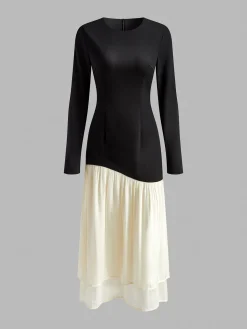 Best Two Tone Panel Pleated Dress Black Dresses|Casual Dresses