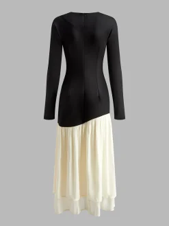 Best Two Tone Panel Pleated Dress Black Dresses|Casual Dresses