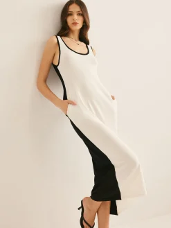 Two Tone Panel Pockets Tank Dress White Dresses|Casual Dresses