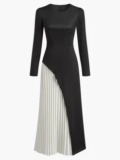 Discount Two Tone Pleated Drawstring Dress Black Dresses|Work Dresses