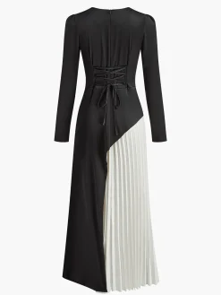 Discount Two Tone Pleated Drawstring Dress Black Dresses|Work Dresses