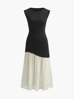 Discount Two Tone Pleated Midi Dress White Dresses|Casual Dresses