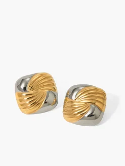 Two Tone Ripple Square Earrings Earrings|Accessories