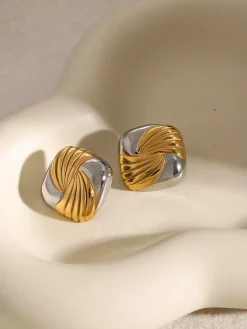Two Tone Ripple Square Earrings Earrings|Accessories