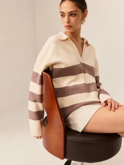 Sale Two Tone Striped Polo Sweater Sweater Tops|Sweaters & Cardigans