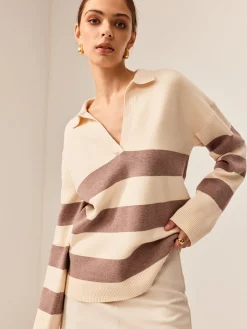 Sale Two Tone Striped Polo Sweater Sweater Tops|Sweaters & Cardigans