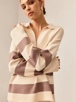 Sale Two Tone Striped Polo Sweater Sweater Tops|Sweaters & Cardigans
