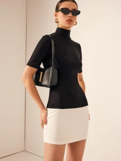 Online Two Tone Turtleneck Slim Short Dress White Dresses|Casual Dresses