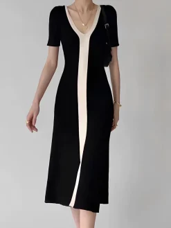 Sale Two Tone V-Neck Knit Slit Midi Dress Black Dresses|Sweater Dresses