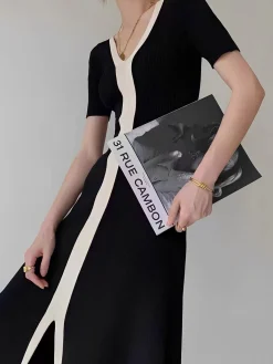 Sale Two Tone V-Neck Knit Slit Midi Dress Black Dresses|Sweater Dresses