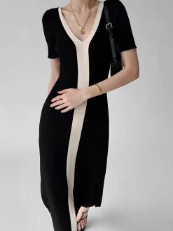 Sale Two Tone V-Neck Knit Slit Midi Dress Black Dresses|Sweater Dresses