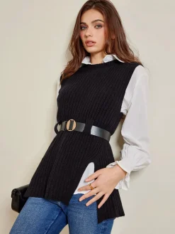 Hot Two-Piece Belted Sweater With Polo Shirt Blouses & Shirts|Tops