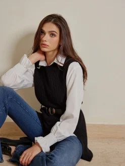 Hot Two-Piece Belted Sweater With Polo Shirt Blouses & Shirts|Tops