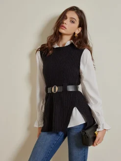 Hot Two-Piece Belted Sweater With Polo Shirt Blouses & Shirts|Tops