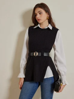 Hot Two-Piece Belted Sweater With Polo Shirt Blouses & Shirts|Tops