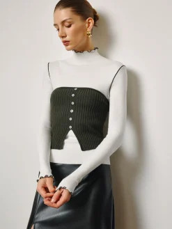 Best Two-Piece Lettuce Trim Knit Top With Slit Vest Vests|Knitwear