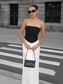 Outlet Two-Tone Backless Tube Long Dress White Dresses|Casual Dresses