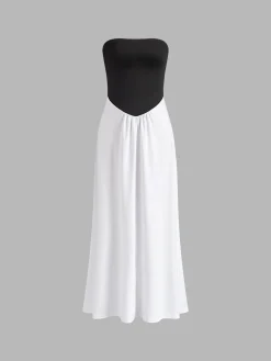 Outlet Two-Tone Backless Tube Long Dress White Dresses|Casual Dresses