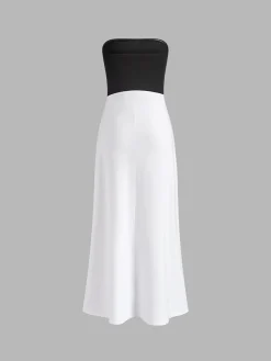 Outlet Two-Tone Backless Tube Long Dress White Dresses|Casual Dresses