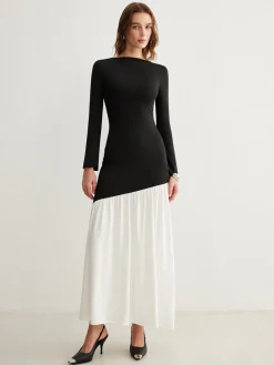 Clearance Two-Tone Chiffon Panel Jersey Pleated Dress Black Dresses|Cocktail & Party Dresses