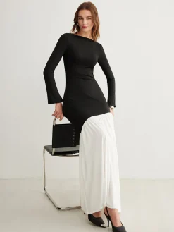 Clearance Two-Tone Chiffon Panel Jersey Pleated Dress Black Dresses|Cocktail & Party Dresses
