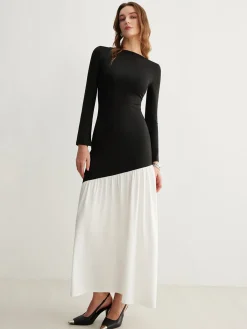 Clearance Two-Tone Chiffon Panel Jersey Pleated Dress Black Dresses|Cocktail & Party Dresses