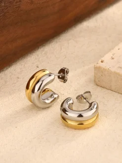 Outlet Two-Tone C-Shape Stud Hoop Earrings Earrings|Accessories