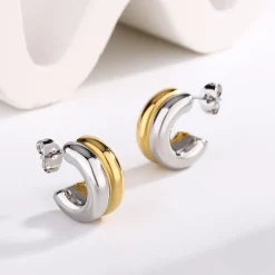 Outlet Two-Tone C-Shape Stud Hoop Earrings Earrings|Accessories