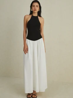 Hot Two-Tone Halter Long Dress White Dresses|Casual Dresses