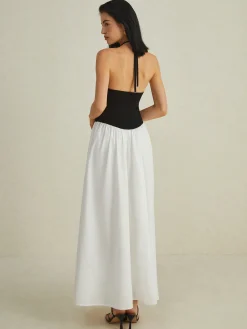 Hot Two-Tone Halter Long Dress White Dresses|Casual Dresses