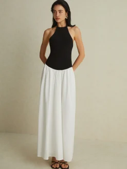 Hot Two-Tone Halter Long Dress White Dresses|Casual Dresses